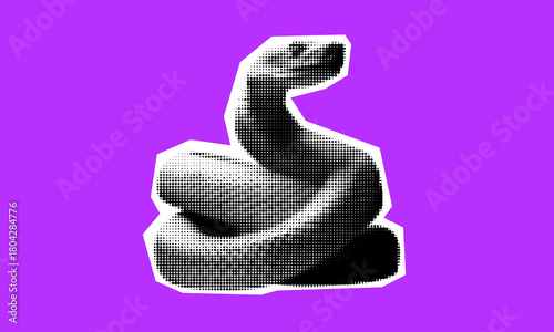 Gothic halftone reptile figure. Retro snake sticker with dot effect. Surreal spooky silhouette for dark magic, occult art themes.