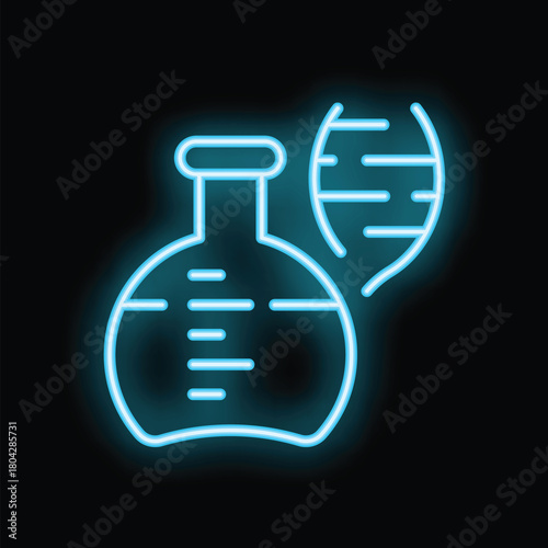 Glowing neon icon of an erlenmeyer flask and a dna strand, symbolizing genetic engineering and scientific breakthroughs
