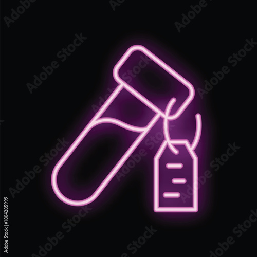 Glowing neon icon of a test tube with a price tag attached, symbolizing the cost of medical tests and healthcare expenses