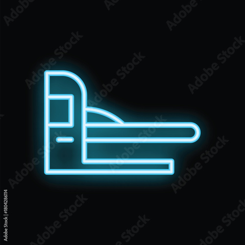 Blue neon icon of a bedside table with a lamp glowing on a black background, perfect for use in designs about hotels and hostels