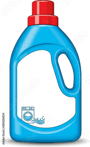 Create a Bright blue laundry detergent bottle with red cap isolated PNG, cleaning product for washing clothes on vector art with white background.