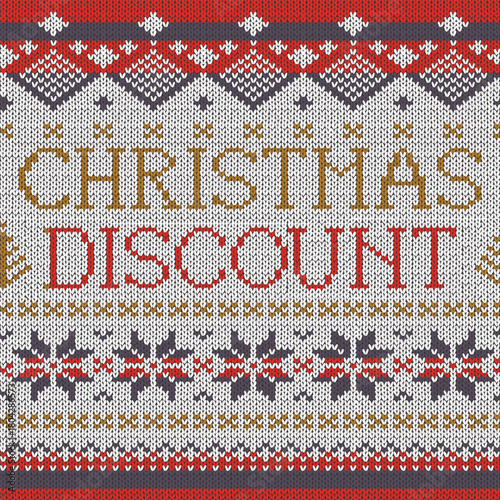 Ugly Sweater style seamless pattern with text. Merry Christmas party outfit. Vector illustration Handmade knitted background with christmas tree, snowflake, scandinavian decor. White, red colored