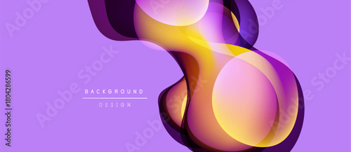 Abstract fluid shapes overlap, creating vibrant color gradients. Purple background enhances dynamic visual effect. Modern design element.
