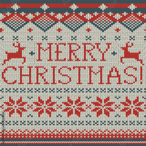 Ugly Sweater style seamless pattern with text. Merry Christmas party outfit. Vector illustration Handmade knitted background with christmas tree, snowflake, scandinavian decor. White, red colored