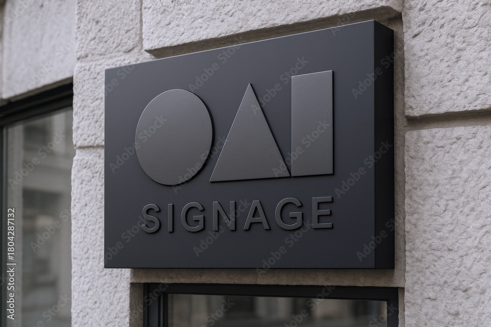Obraz premium Modern Rectangular Dark Signage Mockup on Building Facade for Company Branding and Advertisement