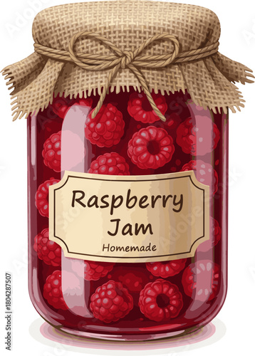 Create a Delicious raspberry jam in glass jar isolated PNG, homemade preserve with burlap cover and twine vector art with white background..