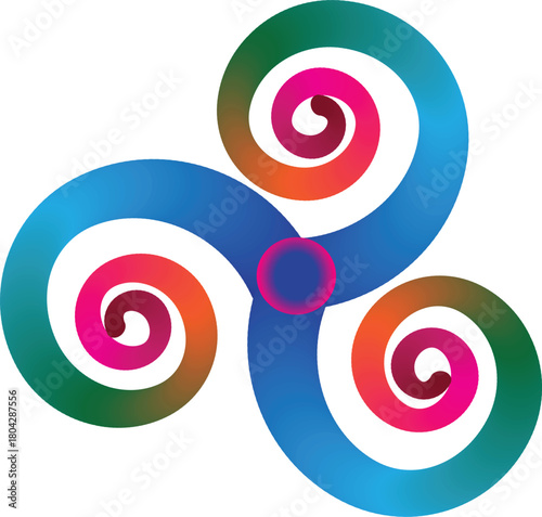 Vibrant triskelion design isolated on transparent background featuring swirling spirals in shades of blue, green, orange, and pink, creating a dynamic and eyecatching symbol