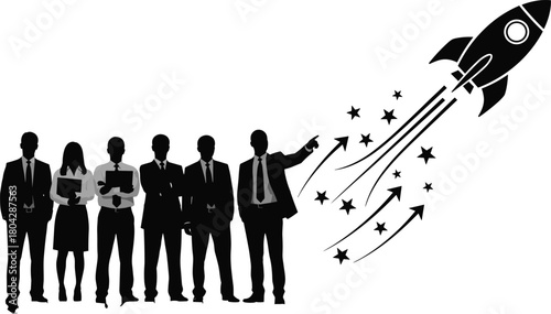 Silhouette business team pointing at rocket launch, startup ambition, growth arrows, leadership success, innovation strategy, teamwork motivation, future vision