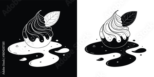 Stylized black and white illustration of a melting cupcake with a leaf garnish, presented in two contrasting color schemes