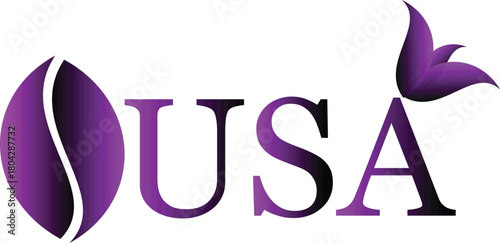 Elegant purple logo featuring a stylized coffee bean and a bird, spelling out usa, isolated on transparent background a modern and eyecatching design