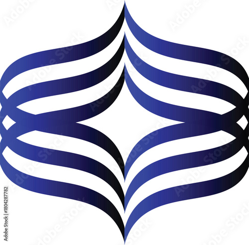 Abstract blue geometric shape isolated on transparent background, created with intertwined curved lines, forming a symmetrical and eyecatching design element