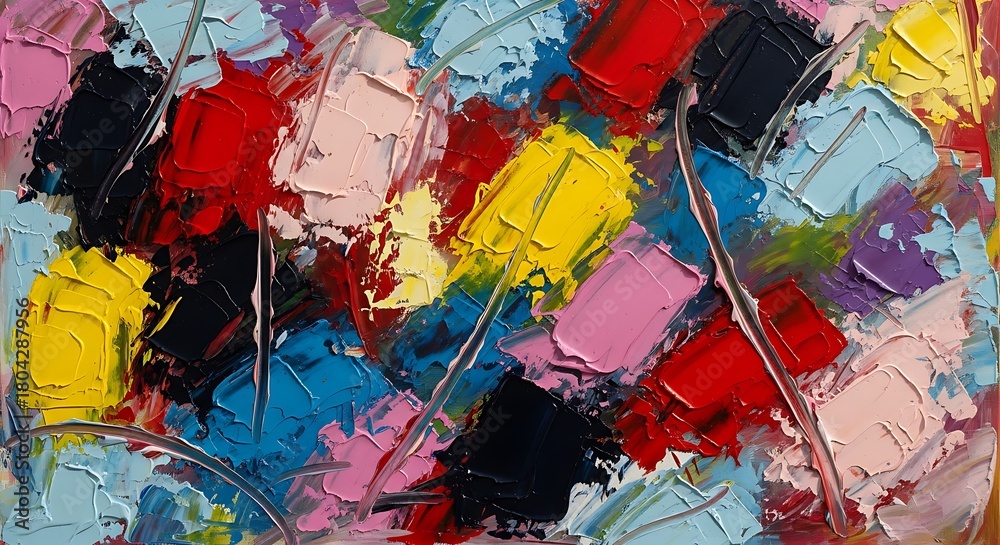 Fototapeta premium Abstract oil painting with thick impasto strokes in vibrant colors like red, yellow, blue, pink, and black, creating a textured, energetic composition