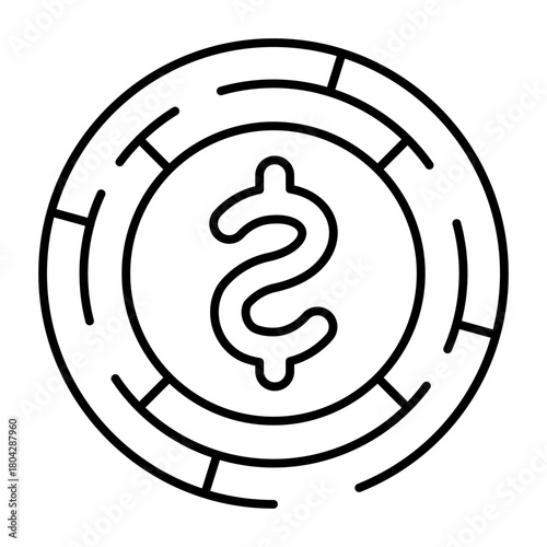 Labyrinth with currency coin thin line icon, financial tech concept. Vector graphics. Coin in circle of quest sign on white background, style icon mobile or web design.