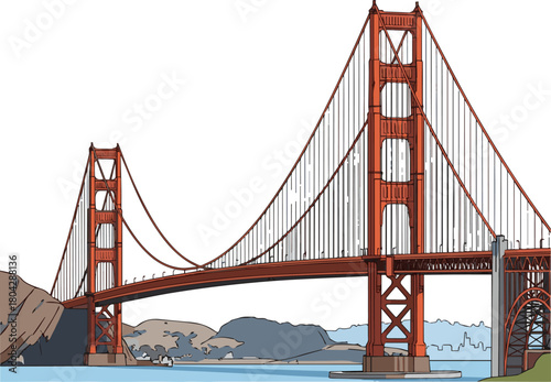 Create a Detailed Golden Gate Bridge San Francisco vector art with white background.