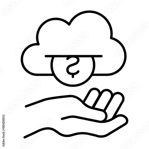 Cloud with coin machine and hand thin line icon, money payout concept. Vector graphics. Hand with money cloud, finance sign on white background, style icon mobile or web design.
