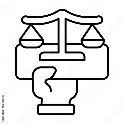 Hand and board with scales thin line icon, finance and law concept. Vector graphics. Board of weigh scales in hand, justice sign on white background, style icon mobile or web design.