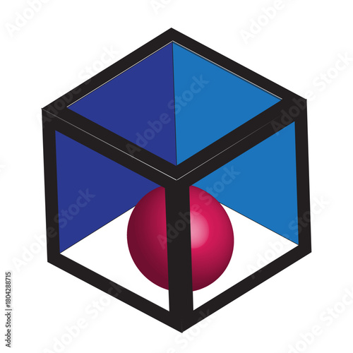 A red sphere is inside a blue cube isolated on transparent background, creating a sense of containment and geometric harmony, with a minimalist and modern aesthetic