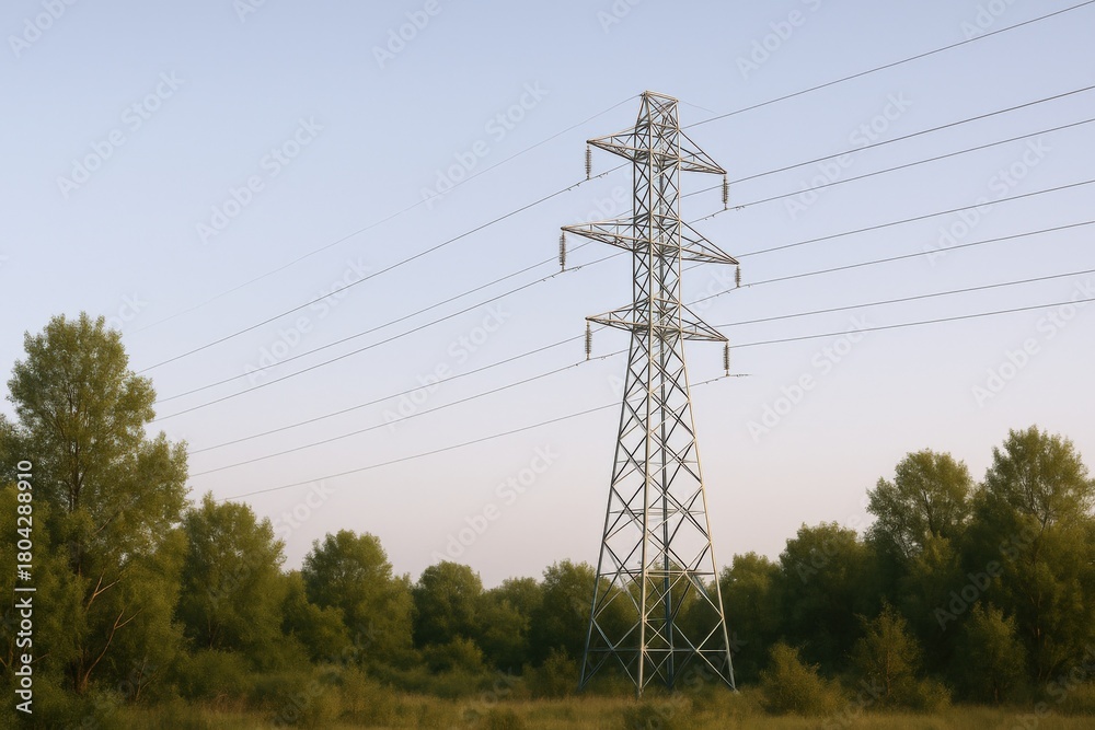 Fototapeta premium Transmission Tower Standing Tall Against a Sky Backdrop, Surrounded by Green Trees Conveying Power and Connectivity