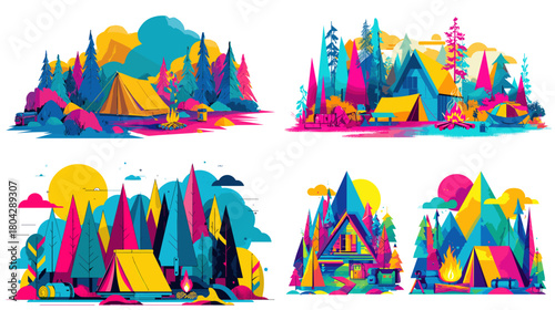 Vibrant illustration of camping tents and forest cabins with bold color combinations, creating a playful modern outdoor adventure scene.
