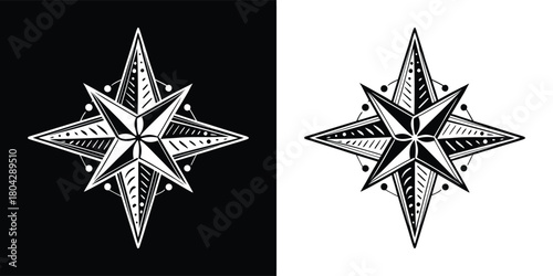 Vintage compass rose illustration with detailed shading and patterns, presented on both black and white backgrounds for versatility