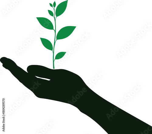 Nurturing Growth: A symbolic silhouette of a hand gently cradling a delicate seedling, representing growth, care, and the environment.