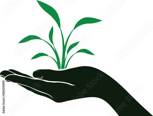 Nurturing Green: A stylized illustration of a hand gently cradling a delicate, growing plant, symbolizing care, growth, and the environment.