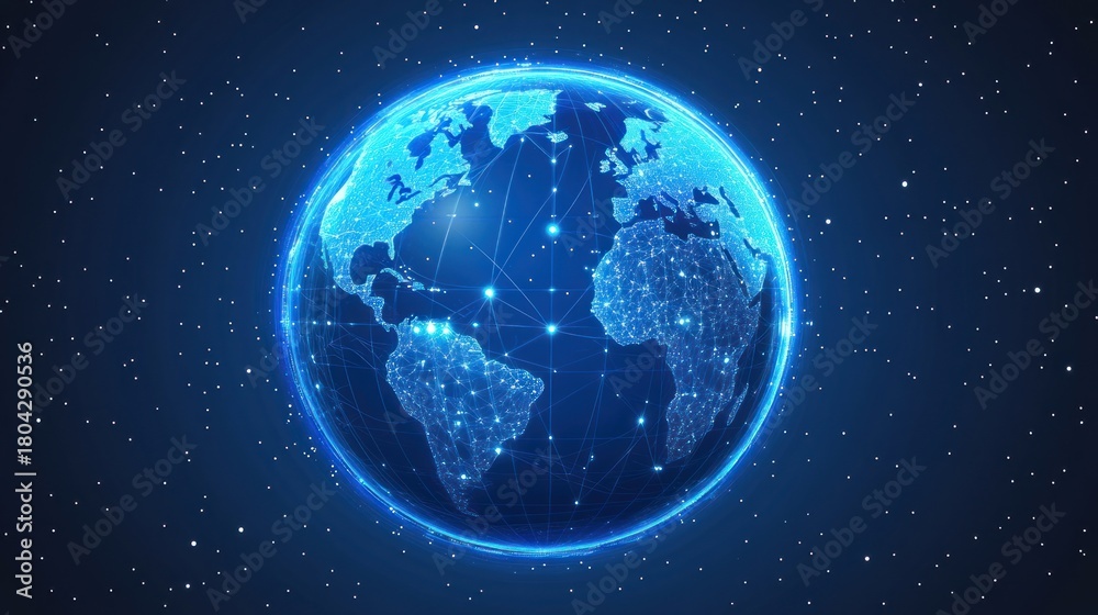 Obraz premium Global network connection, digital earth, glowing lines.