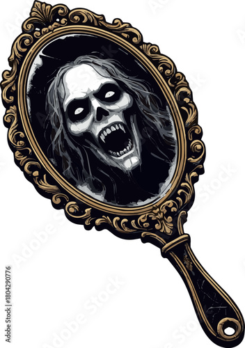 Create a Haunted antique hand mirror with a ghost's face vector art with white background.