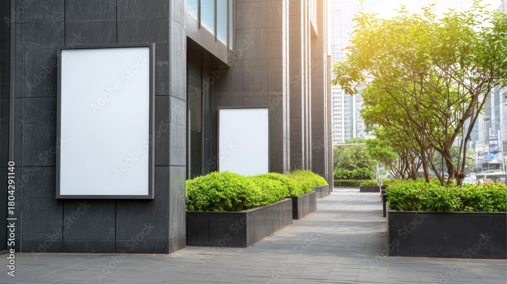 Fototapeta premium Modern Building Facade with Blank Posters and Greenery: Ideal for Urban Advertising Mockups