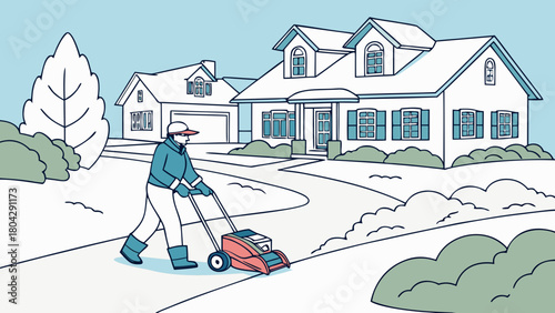 Snow removal worker clearing snow from driveway in residential area with cozy houses around