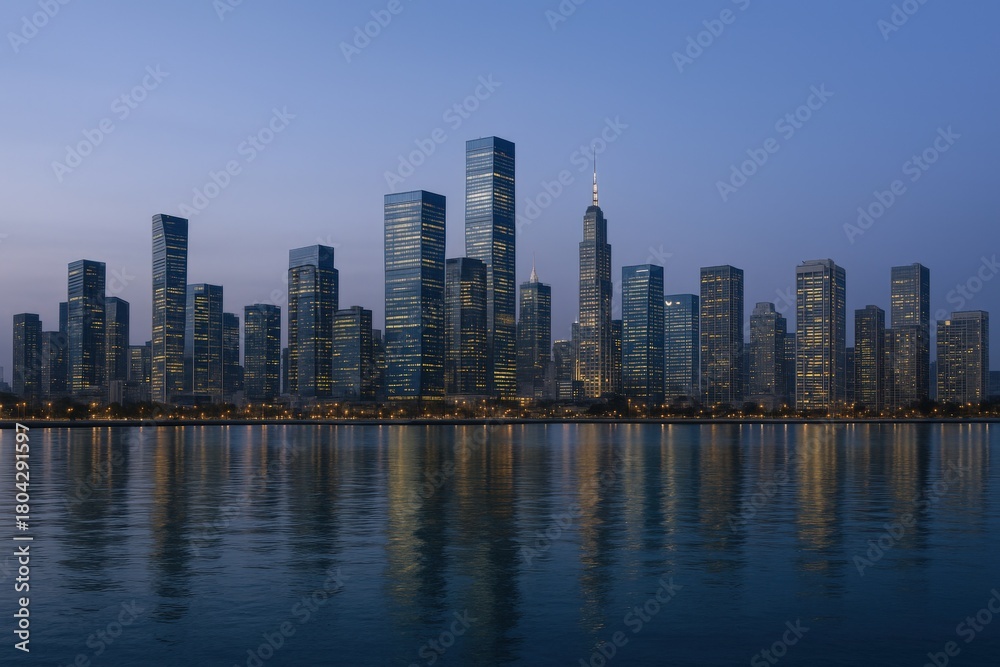 Fototapeta premium Modern Cityscape at Twilight Reflecting on Water: Urban Skyline with Illuminated Buildings and Calm Waters