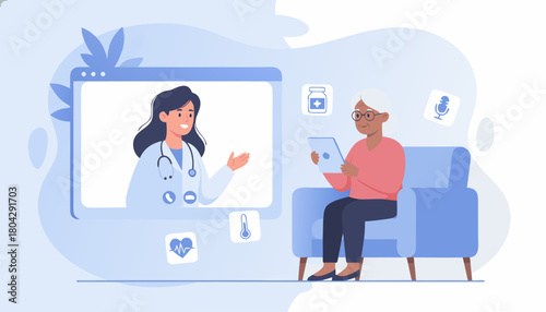 Telemedicine Consultation with Senior Patient – Vector Illustration