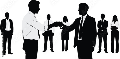 Silhouette business professionals, fist bump teamwork, corporate collaboration, agreement and trust, leadership unity, diverse office team, motivation, productivity, morale, success
