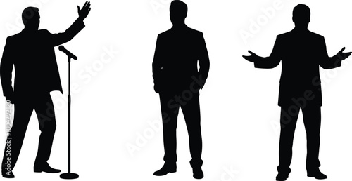 Silhouette business speakers, public speaking, presentation pose, communication gesture, corporate leadership, microphone scene, professional posture, executive expression, teamwork concept