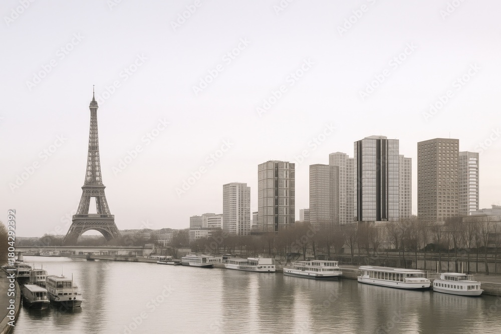 Obraz premium Paris Cityscape featuring the Eiffel Tower and Seine River on a hazy day in sepia tone