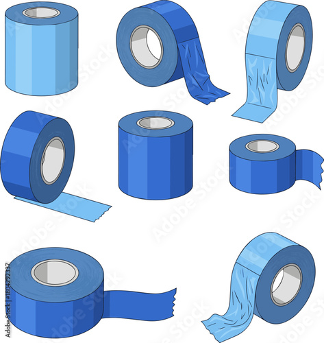 Create a kinds of deferent Blue painter s tape roll , adhesive masking tape for home improvement and DIY projects vector art with white background.