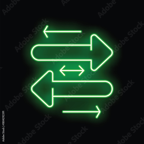 Green neon arrows pointing in different directions on a black background, symbolizing choices, decisions, and uncertainty