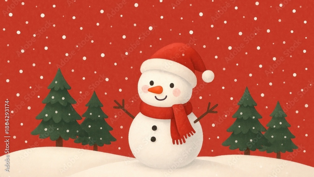 Fototapeta premium Cheerful snowman amidst snowy pines.