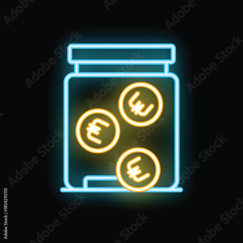 Glowing neon line glass jar with euro coins icon isolated on black background. Concept of finance, savings, donation, money, financial security. Vector illustration
