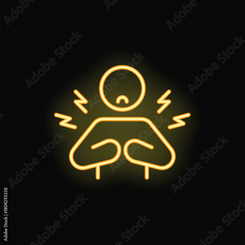 Yellow neon icon of a stick figure clutching their chest in discomfort, with a pained expression