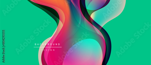 Abstract fluid shapes overlap, creating vibrant color gradients. Turquoise background complements pink, purple hues. Modern design element.