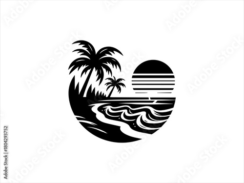 Beach landscape presented as a simple black vector emblem design. Nature scenery concept