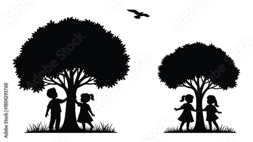 Children playing under trees silhouette isolated on white background, Vector
