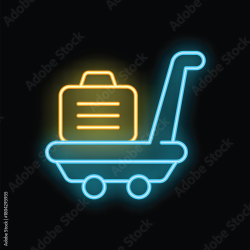 Blue neon luggage cart carrying yellow suitcase, isolated vector illustration on black background