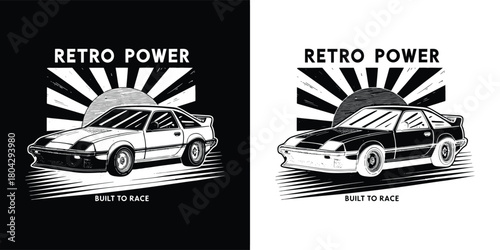 Retro power graphic design with a classic sports car and sunburst effect, available in black and white