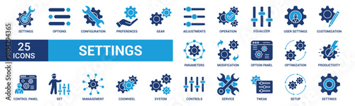 Setting icon set. Containing options, configuration, preferences, adjustments, operation and more. Solid vector icons collection.