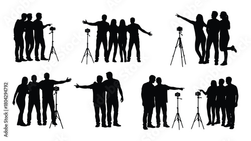 Groups of people posing with cameras silhouettes isolated on white background, Vector