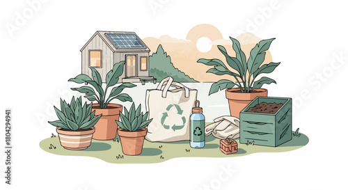 A charming hand-drawn illustration depicting an eco-friendly lifestyle with a solar-powered tiny home, reusable products, and composting