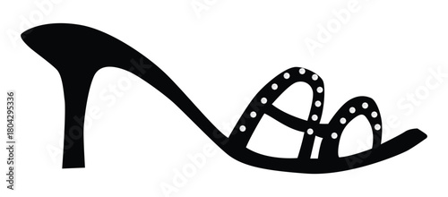 Silhouette of a high heeled sandal with decorative stones and an open toe design on a white background