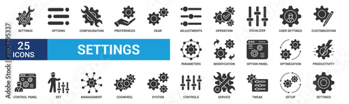 Setting icon set. Containing options, configuration, preferences, adjustments, operation and more. Glyph vector icons collection.
